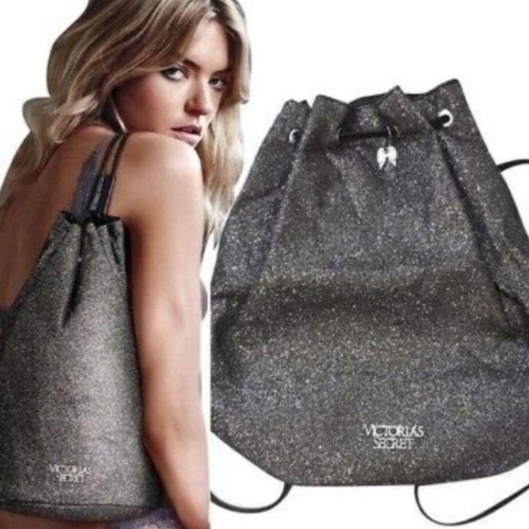 Victoria's Secret VS Bucket Backpack Black Silver Glitter Drawstring Tote Bag - Picture 1 of 13